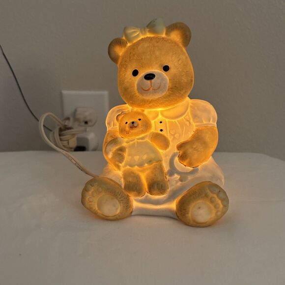 Vintage Collectible Mama Bear With Bow and Baby Bear Night Light - Tested - Picture 1 of 7